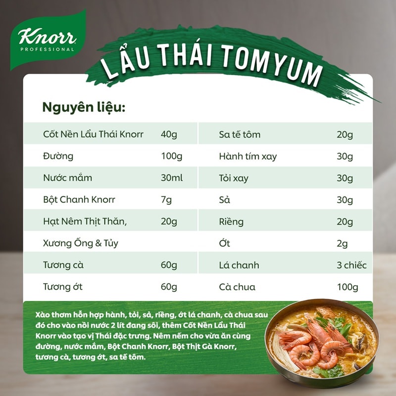 Knorr Súp Nền Lẩu Thái 1.5kg - Knorr Súp Nền Lẩu Thái kết hợp từ 10 nguyên liệu Thái thuần túy, đặc biệt giữ hương vị đặc trưng từ lá chanh Kaffir